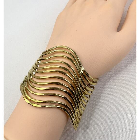 Women’s Wide Wavy Cuff Gold Plated Open Bracelet 2” - Picture 2 of 7